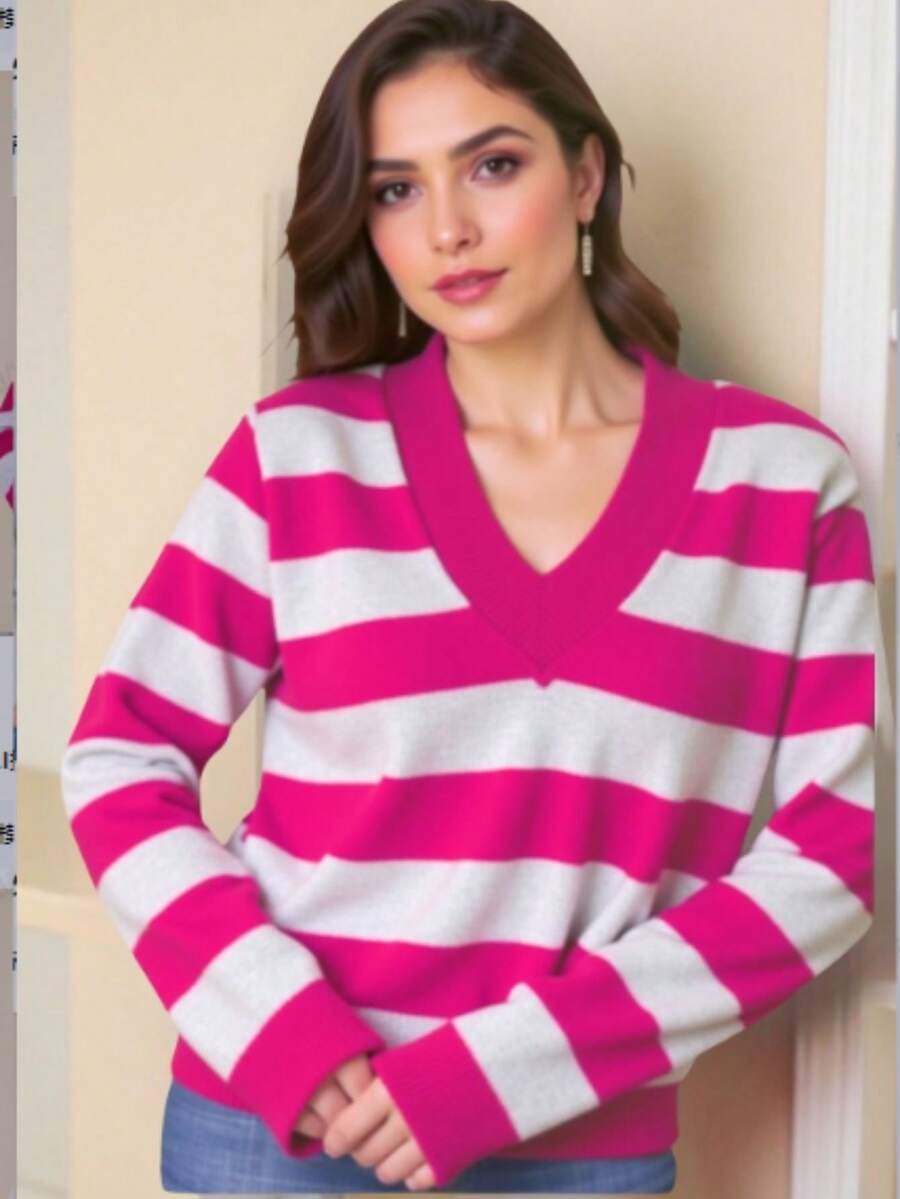 TRICOZHU Knitted Long Sleeve Striped Blouse V-Neck Striped V-Neck Blouse Polyester With Elastane Ribbed Collar And Cuff ONE SIZE 36-44 - Hot Pink - View 1