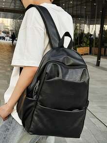 1pc Casual Minimalist Backpack, Large Capacity Multi-Pocket PU Soft Surface Design, Suitable For Short Trip Outdoor For Men - Black - View 2