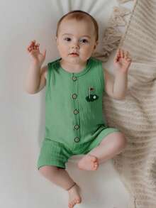 Newborn Infant Baby Boy Golf Clothes Golf Embroidery Sleeveless Summer Romper Overalls Round Neck Button Down Bodysuit Jumpsuit Casual Baby Summer One Piece Outfit - Green - View 2