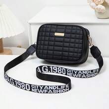 New Fashion Solid Color Plaid Embroidered Camera Bag, Versatile Letter Strap With Metal Decor Crossbody Bag, Minimalist Style For Outdoor Travel, High-Quality Shoulder Bag - Black - View 2