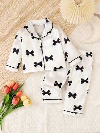 Baby Girls' Cute Bow Print Long Sleeve Sleepwear Set