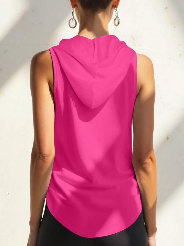 Plain Color Sleeveless Hooded Sports Tank Top, Women Workout Activewear Suitable For Gym, Running, Exercise, Home