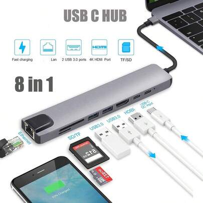 USB-C 集线器，8 合 1 USB-C 适配器，支持 4K 高清、100W PD 快充、USB-C 接口、USB 3.0 接口、RJ45 以太网接口、SD/TF 读卡器，扩展坞兼容 Book Pro/Air USB-C 笔记本电脑及其他 Type-C 设备