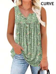 Plus Women's Flower Print Button Tank Top - Green - View 1