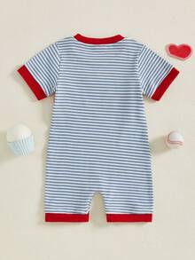 Baby Boy Baseball Embroidered Romper Striped Short Sleeve Waffle Knit Bodysuit Casual Summer Clothes - Blue - View 7