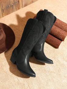 Women's Western Cowboy Boots Slip On Fashion Embroidery Pointed Toe Low Heel Chunky Outdoor Commuter Mid-Calf Black Boots - 黑色 - 查看 4