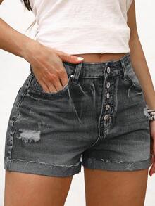Women's Casual Distressed Button Denim Shorts - 灰色 - 查看 7