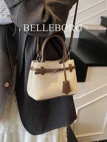 BELLEBORG 高品质休闲拼色复古帆布皮革扣托特包手提包，适合通勤女性 - 咖啡 - 查看 11