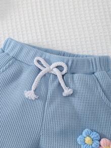 2pcs Baby/Toddler Girls' Daily Casual Cute Versatile Blue Floral Decor Round Neck Short Sleeve T-Shirt And Elastic Waist Dual Pockets Shorts Set, Summer - Blue - View 6