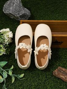 1 Pair Girls Adjustable Floral Design Flat Shoes, Round Toe, TPR Anti-Slip Sole, Comfortable & Lightweight, Suitable For 5-14 Years Old Girls, For School, Party, Dance And Casual Wear, All Seasons