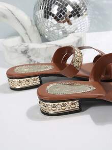 Women's Flat Sandals, Summer Rhinestone & Glitter 2-In-1 Stylish Slippers, Suitable For Outdoor Wear - Brown - View 8