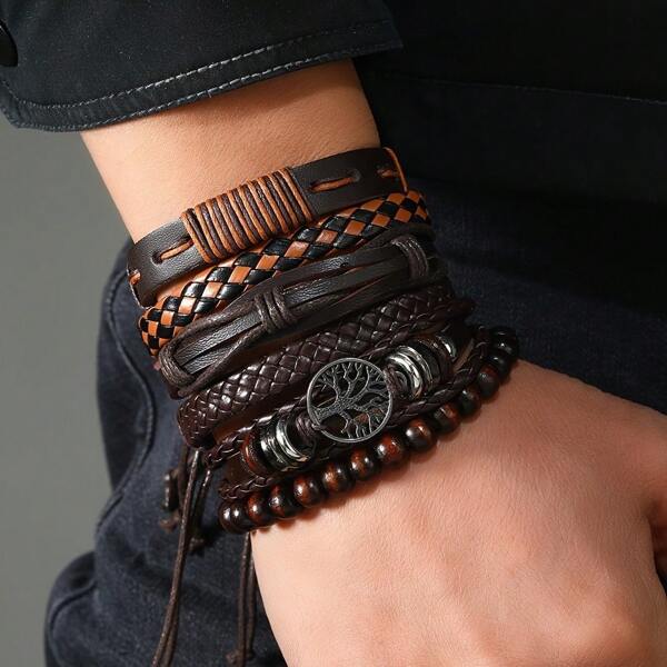 Pulseira masculina vintage retrô feita à mão com 6 peças trançado, sem pingente, material