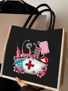 女士托特包 - 护士图案单肩包，便携手提包，手绳钱包，化妆包，零钱包，大容量购物袋，女士亚麻大容量手提包。大容量，购物袋。女士礼物，完美的节日单肩包，护士礼物，母亲节礼物，适合日常旅行、海滩度假、学校、大学、工作、商务、通勤、户外、度假 - 黑色 - 查看 12