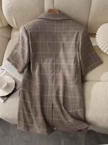 Short Sleeve Plaid Blazer With Pockets And Front Button Closure - Gray Plaid - View 2