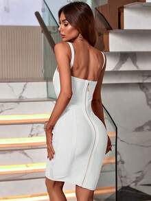 Summer Elegant Spaghetti Strap V Neck Short Bodycon Dress Women Ribbed Bandage Dress Sexy White Night Out Cocktail Party Dress Clothes - White - View 11