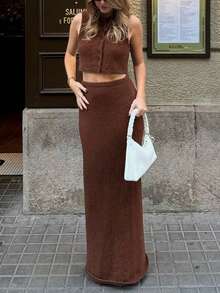 2pcs Women Spring/Summer Minimalist & Elegant Commuter/Casual Sweater Set - Brown - View 5