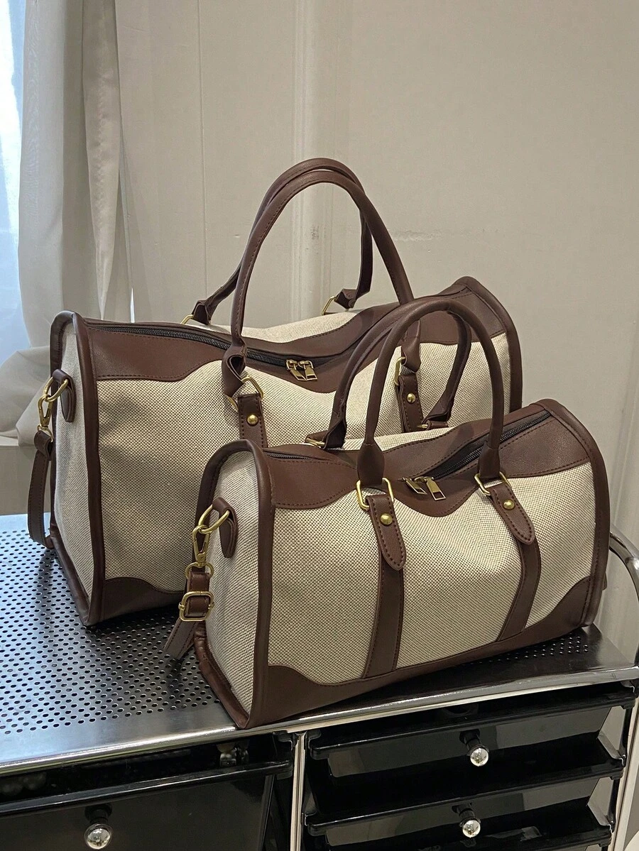 1pc Canvas Contrast Color Patchwork Fashion Duffle Bag,UnisexTravel Luggage,SuitableForOvernightS Tay, Commuting,Short-Distance Travel(Small Size Fo R Commuting,Large Size For Short-Trip) Back To School Supplies Bag For School School Accessories School Stuff - Coffee Brown - View 1
