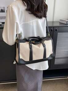 1 Túi vải bạt thời trang chắp vá màu tương phản, hành lý du lịch Unisex, thích hợp cho việc nghỉ qua đêm, đi làm, du lịch đường ngắn (kích thước nhỏ để đi làm, kích thước lớn cho chuyến đi ngắn) Túi đi học Phụ kiện học tập Đồ dùng học tập - màu đen - Xem 8