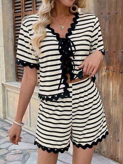 Striped Lace Patchwork Shorts Set, Striped Boho Casual Exaggerate Hem Home Shorts For Summer