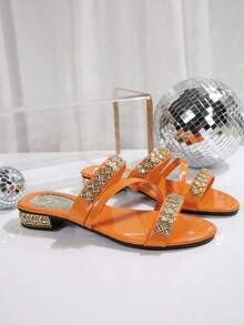 女士平底凉鞋，二合一水钻闪光夏季拖鞋，时尚户外服装 - 橘色 - 查看 7