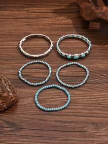 5pcs/Set Western Cowboy Style Vintage Simulated Turquoise Beaded Elastic Rope Bracelet Set, Unisex Daily Wear
