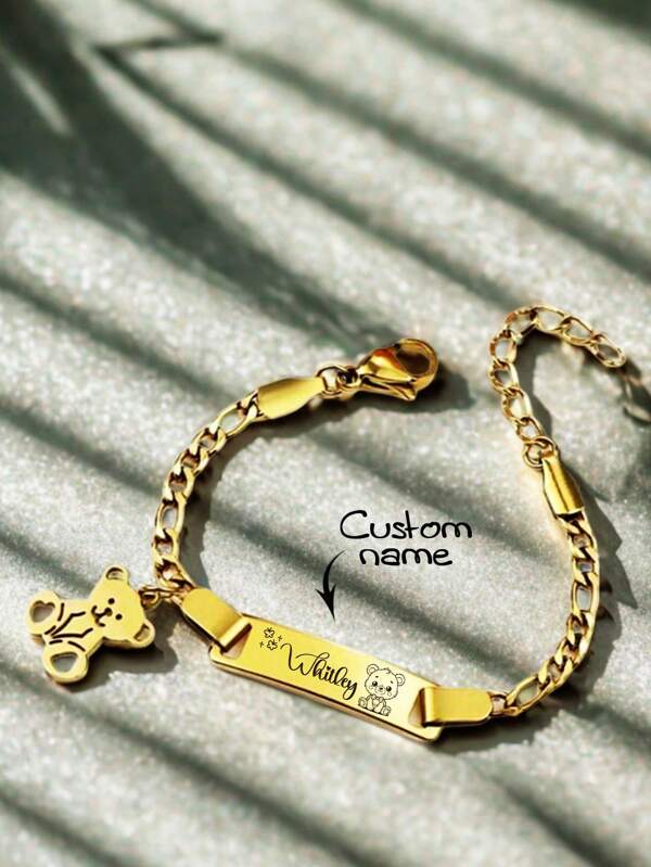 1 Personalized Teddy Bear Bracelet For Children - Custom-Carved Name - Adjustable Stainless Steel Jewelry For Birthdays, Casual Wear - Cute Gift, Boys And Girls, Custom-Carved Name Bracelet | Details For Teachers, Children, Lovers, Girlfriends, Family Members