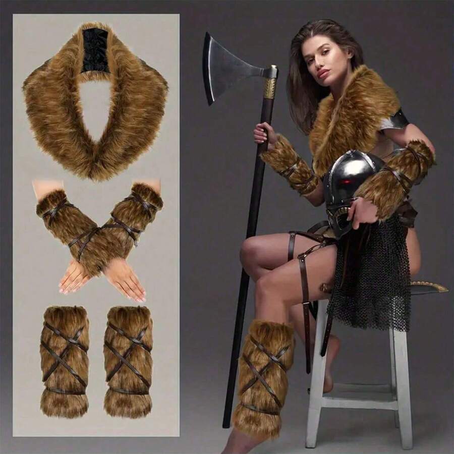 Set de 5 piezas Disfraz de caballero vikingo retro de peluche marrón, adecuado para Halloween, carnaval, cosplay - Marrón - Ver 1