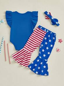 4th Of July Baby Girl Bodysuit Pants Outfit Print Ruffled Flying Sleeve Romper Bell Bottoms And Bow Headband 3Pcs Fourth Of July Outfit - 藍色 - 查看 7