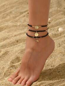 3pcs/Set Elegant Glass Beads Anklet, Colorful Starfish & Shell Pendants, Multi-Layer Stretch Beaded Anklet, Summer Beach Style, Suitable For Daily And Holiday Accessories, All Seasons (Random Color & Quantity) - Black - View 2