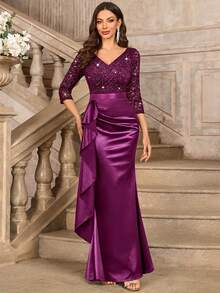 MIUSOL Elegancka sukienka maxi z dekoltem w serek, koronką i cekinami, falbanką i satynowym wykończeniem, rękawami 3/4, na wieczorne przyjęcie - Kasztanowy - Zobacz 4