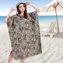 1pc Digital Printed Pattern Ultra-Fine Fiber Hooded Bath Towel, Suitable For Bathing, Swimming Pool, Travel Items, Festival Gifts