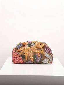 1 件彩色 PVC 亮片花卉图案亚麻底网眼刺绣荷叶边云女士手拿包，时尚闪亮晚装包，适合休闲、节日派对 - 橘色 - 查看 6