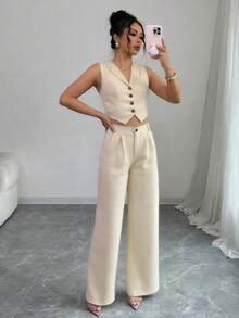 Traje de chaleco elegante y pantalones de pierna recta para mujer - Beis - Ver 1