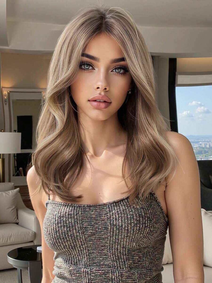 16-Inch Brown Ombre 8-Shaped Bangs Medium Curly Synthetic Heat-Resistant Fiber Wig, Suitable For Women's Daily Wear, Parties, Mother's Day, Music Festivals And Other Occasions - Brown Ombre - View 1