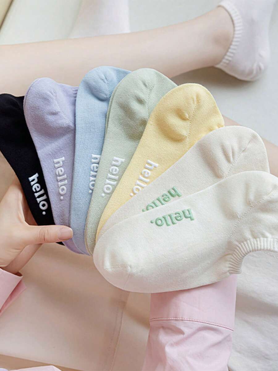 5 Pairs Women's Random 'Hello' Letter Pattern Comfortable Breathable Boat Socks, Versatile Spring/Summer - Multicolor - View 1