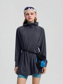 TECTOP 女士户外防晒连帽衫，UPF200+，中长款，抽绳腰带，透气凉爽，春夏款 - 灰色 - 查看 5