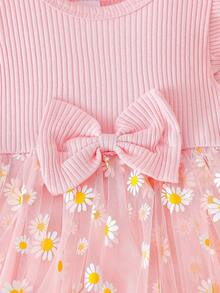 女婴花卉印花圆领荷叶边盖袖连衣裙，配有蝴蝶结头带，适合外出、聚会和拍照 - 粉色 - 查看 5