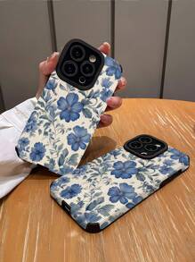1 Stück Vintage blumige Muster klassisches vertikales Kunstleder Schutzhülle in Blau, kompatibel mit Apple 15/15 Plus/15 Pro/15 Pro Max
