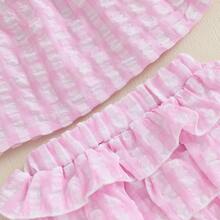 Newborn Baby Girls Summer 2pcs Outfit Plaid Tie Shoulder Sleeveless Ruffle Camisole Crop Top + Elastic Waist Shorts Set - Hồng - Xem 7