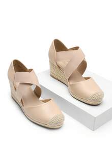 Women's Close Toe Espadrilles Platform Slip On Elastic  Cross Straps Dressy Wedges Sandals Matching Dress - Màu be - Xem 5