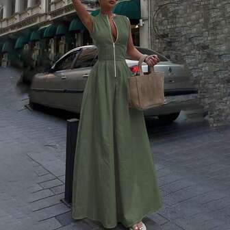 2025春秋新款休闲时尚圆领无袖金属拉链A袖长腰连衣裙