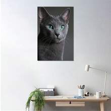 Gray Cat With Green Eyes Poster Modern Canvas Wall Painting Simple Aesthetic Decoration Bedroom Kitchen Living Room Dormitory Home Decorations With Frame Ready To Hang - Multicolor - View 7
