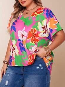 Plus Size Casual Loose Batwing Sleeve Short Sleeve V-Neck Blouse With Vacation Graphic Print, Front Short Back Long