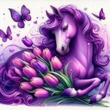 1pc Purple Horse & Flower - 5D Diamond Painting Kit For Adults, DIY Diamond Painting Full Drill For Beginners, Home Wall Decor, Suitable For Beginners, 5D Diamond Painting Kit, Complete Diamond Mosaic Set, Suitable For Home Wall Decor And Friend's Holiday Gifts, Unframed Canvas Wall Art, Applicable For Bedroom, Office, Living Room