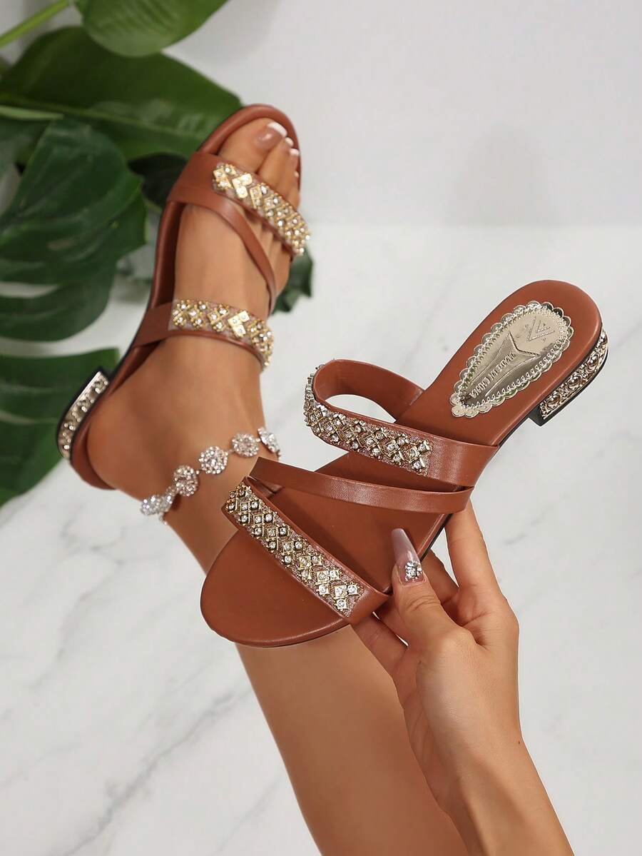 Women's Flat Sandals, Summer Rhinestone & Glitter 2-In-1 Stylish Slippers, Suitable For Outdoor Wear - Brown - View 1