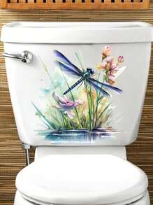 1 Pc Peach Lace Vivid Dragonfly Toilet Decal, Removable And Reusable Easy To Stick Suitable For Waterproof Floral Bathroom Decoration, Elegant Removable Home Aesthetic Art, Room Decoration