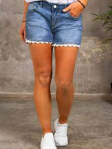 蕾丝边洗水牛仔短裤 - 中藍色 - 查看 4