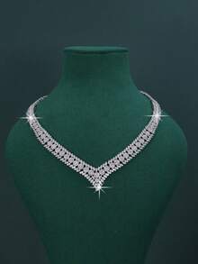 Conjunto de 5 peças banhadas a ródio, joias de luxo estilo real do Oriente Médio, Dubai, com design geométrico em formato de V, feitas à mão com zircônia cúbica branca, inclui colar, pulseira, brincos e anel, adequado para uso diário em casamentos, presente de aniversário de casamento, presente de Dia das Mães (embalagem em caixa de presente dourada) - Branco - Ver 4