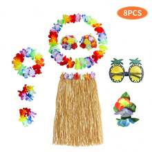 Conjunto de disfraz hawaiano, 8 piezas de artículos para fiestas hawaianas, que incluyen guirnaldas de flores, collares, diademas, brazaletes, faldas de hierba hawaianas, regalos tropicales para fiestas de verano, cumpleaños y vacaciones - Multicolor - Ver 10