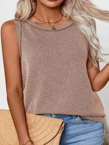 Plus Size Women's Round Neck Ribbed Top Casual Vacation Summer - Khaki - View 1